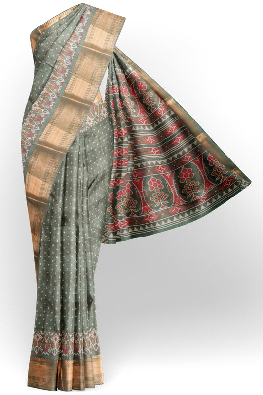 Grey Green Self Checks Bandhini Style Prints Fancy Cotton Saree