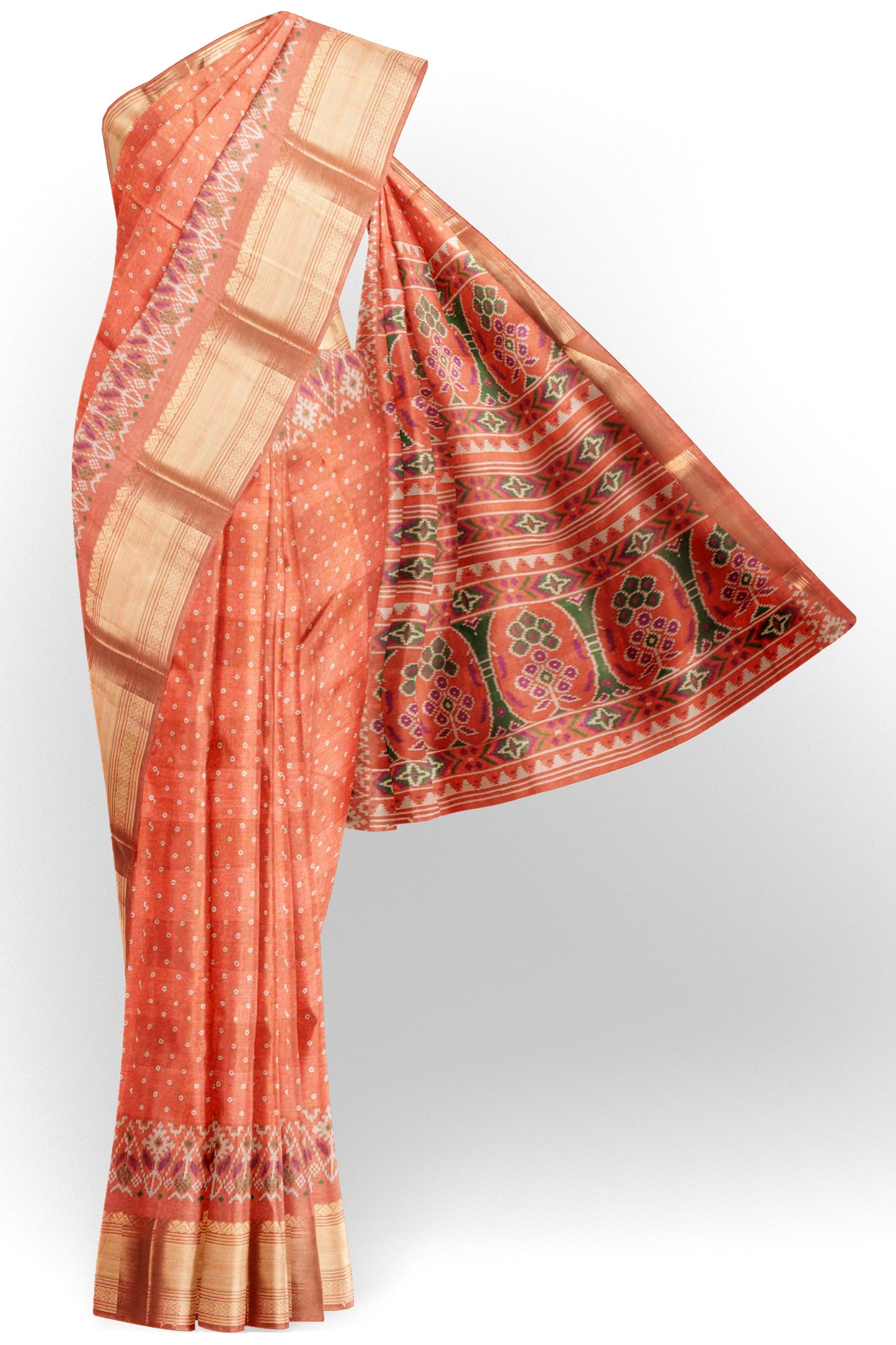 Orange Self Checks Bandhini Style Prints Fancy Cotton Saree