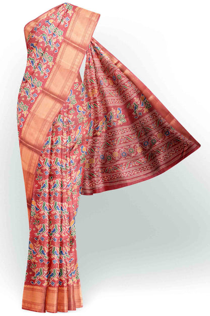 Red Chirpy Bird Digital Print Zari Border Fancy Cotton Saree