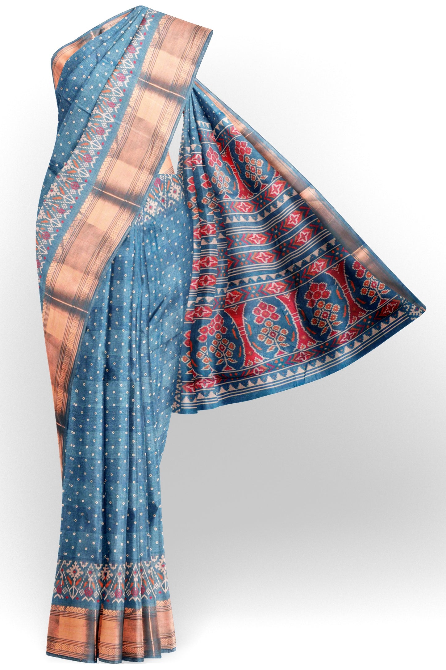 Blue Self Checks Bandhini Style Prints Fancy Cotton Saree