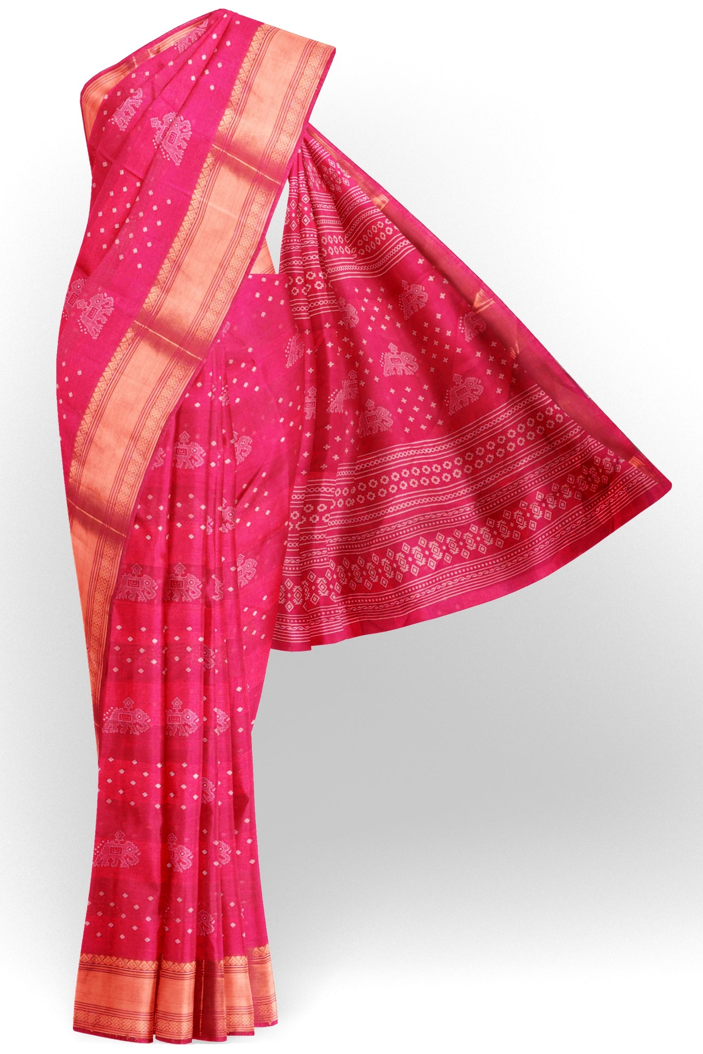 Hot Pink Elephant Prints Self Checks Zari Border Fancy Cotton Saree