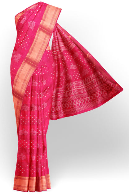 Hot Pink Elephant Prints Self Checks Zari Border Fancy Cotton Saree