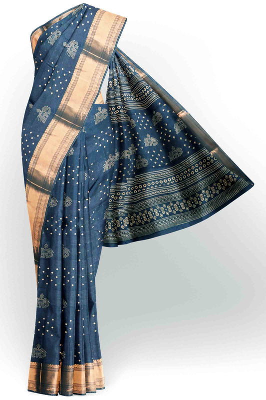 Navy Blue Elephant Prints Self Checks Zari Border Fancy Cotton Saree