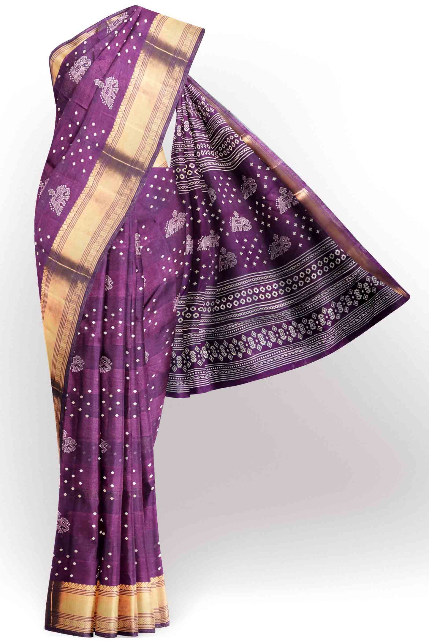 Dark Purple Elephant Prints Self Checks Zari Border Fancy Cotton Saree