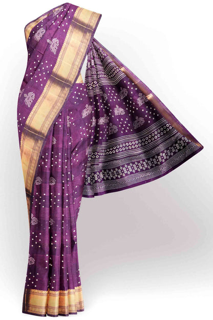 Dark Purple Elephant Prints Self Checks Zari Border Fancy Cotton Saree