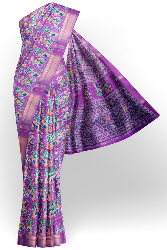 Dark Lavender Chirpy Bird Digital Print Zari Border Fancy Cotton Saree