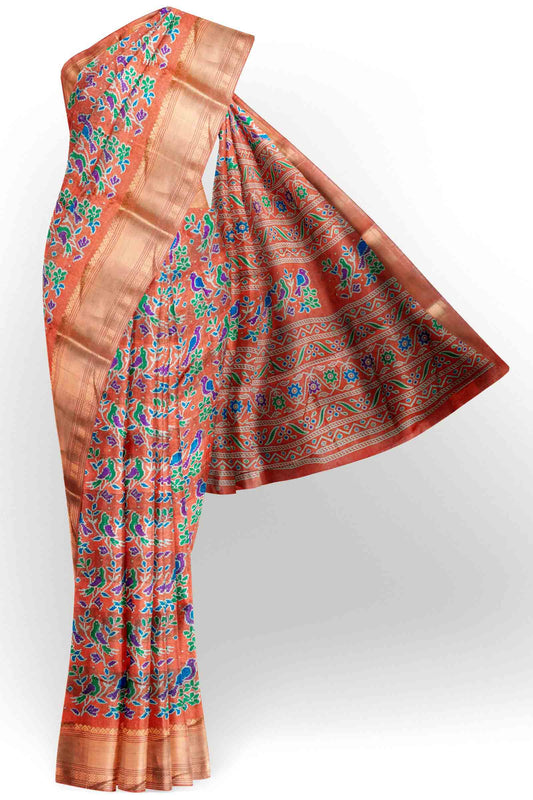 Orange Chirpy Bird Digital Print Zari Border Fancy Cotton Saree