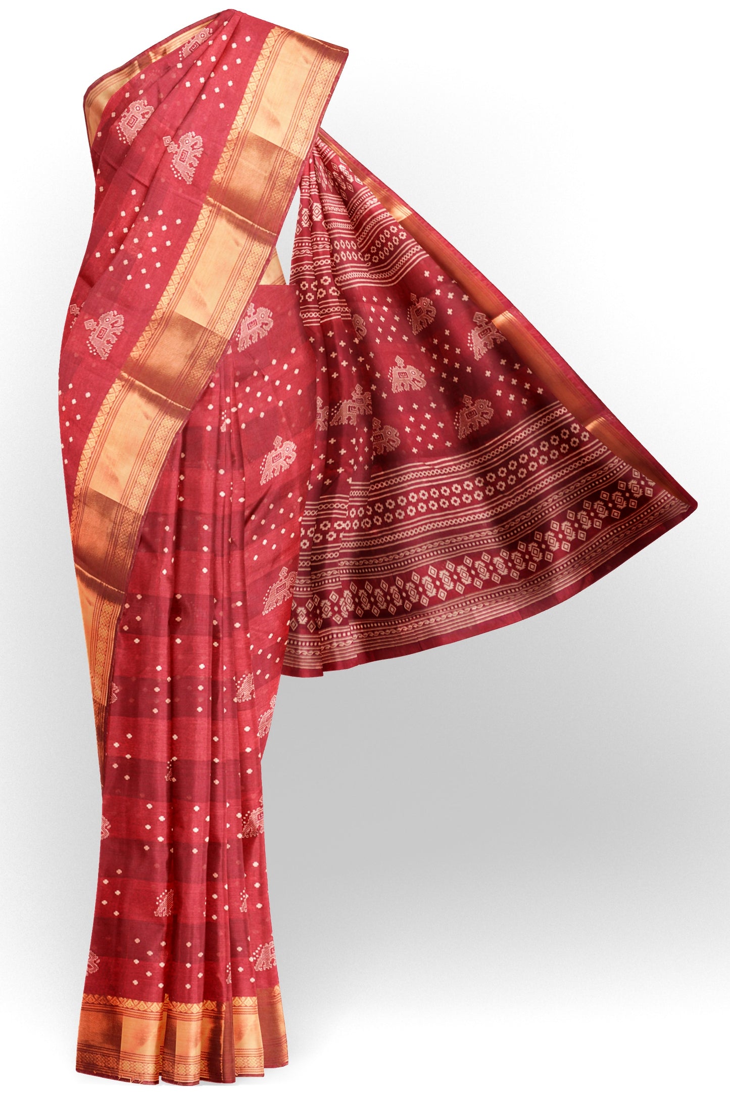 Maroon Elephant Prints Self Checks Zari Border Fancy Cotton Saree