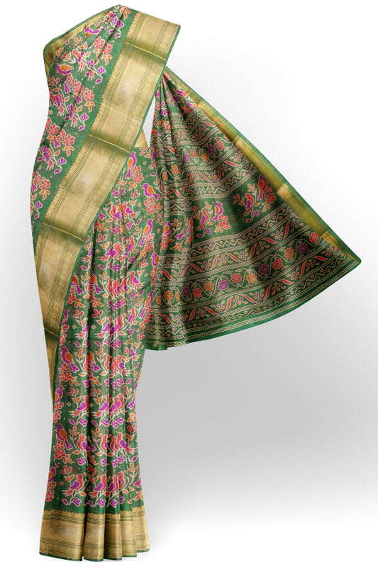 Green Chirpy Bird Digital Print Zari Border Fancy Cotton Saree