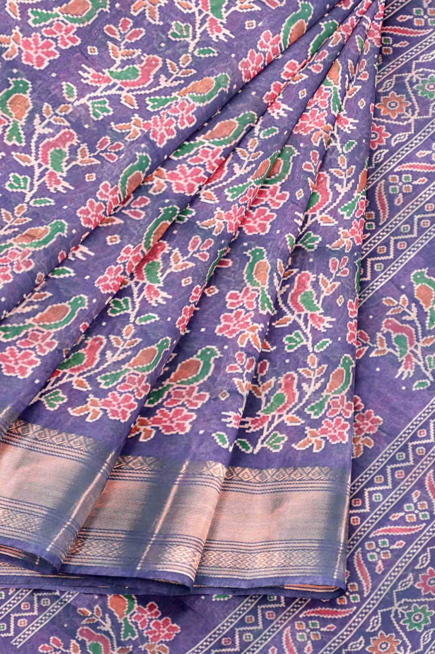 Violet Chirpy Bird Digital Print Zari Border Fancy Cotton Saree
