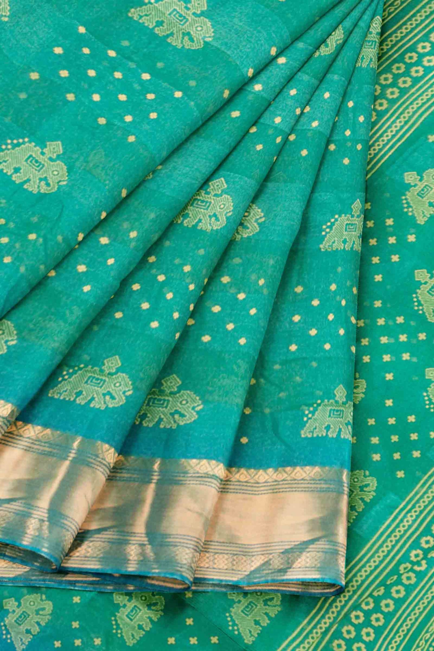 Green Elephant Prints Self Checks Zari Border Fancy Cotton Saree