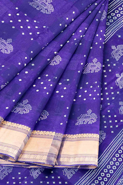Royal Blue Elephant Prints Self Checks Zari Border Fancy Cotton Saree