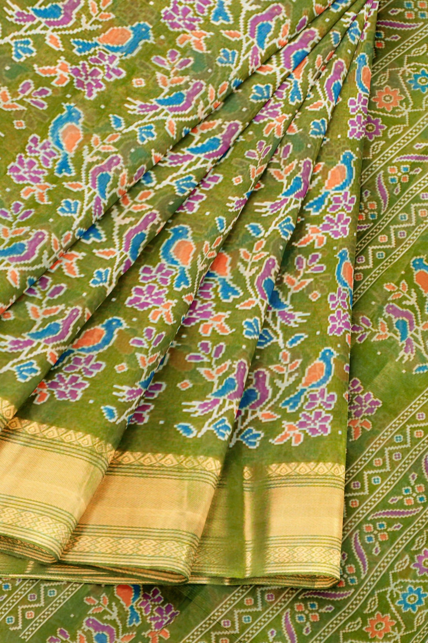 Parrot Green Chirpy Bird Digital Print Zari Border Fancy Cotton Saree