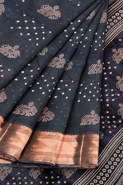 Black Hathi Prints Zari Border Fancy Cotton Saree