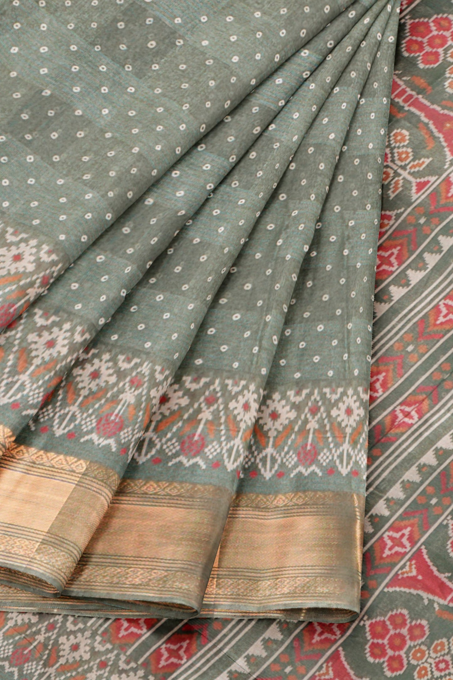 Grey Green Self Checks Bandhini Style Prints Fancy Cotton Saree