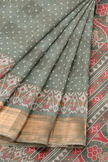 Grey Green Self Checks Bandhini Style Prints Fancy Cotton Saree