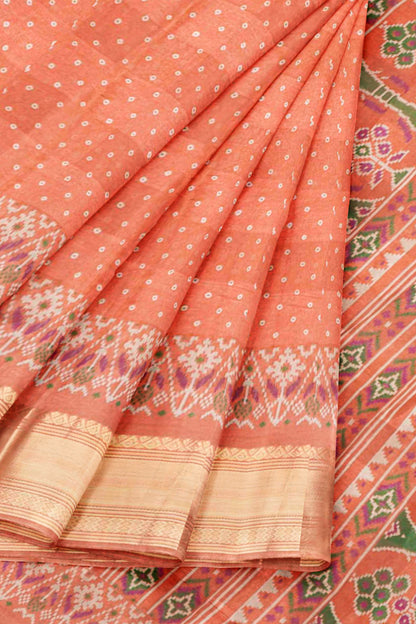 Orange Self Checks Bandhini Style Prints Fancy Cotton Saree