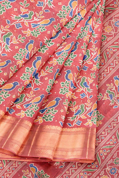 Red Chirpy Bird Digital Print Zari Border Fancy Cotton Saree