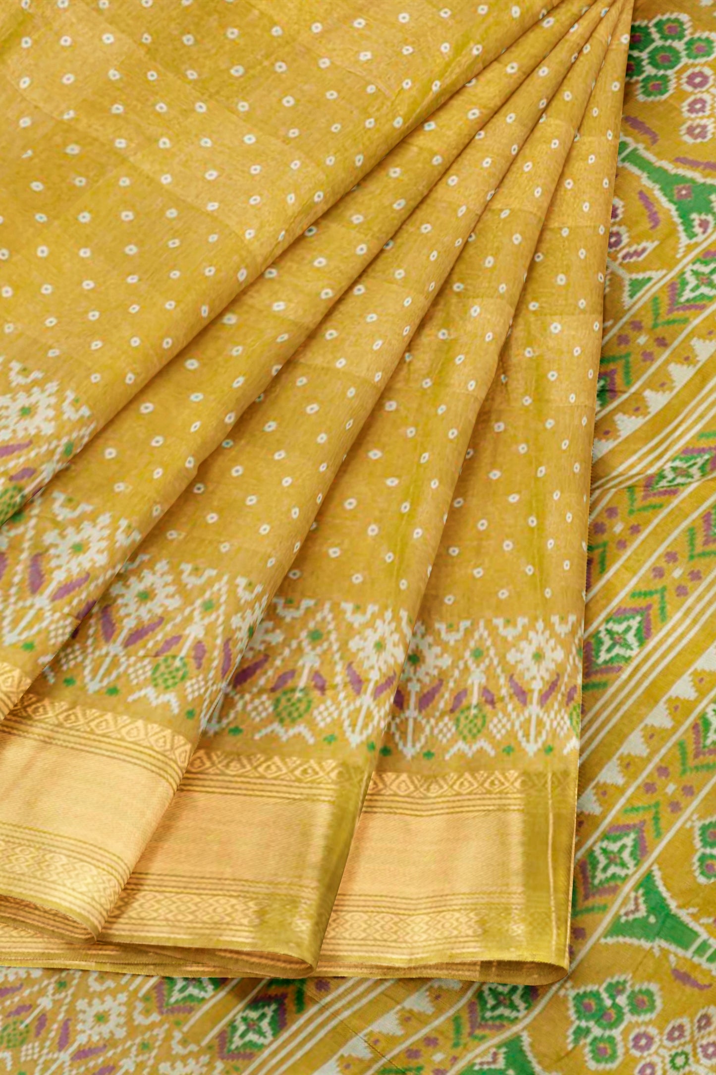 Mustard Yellow Polka Prints Fancy Cotton Saree