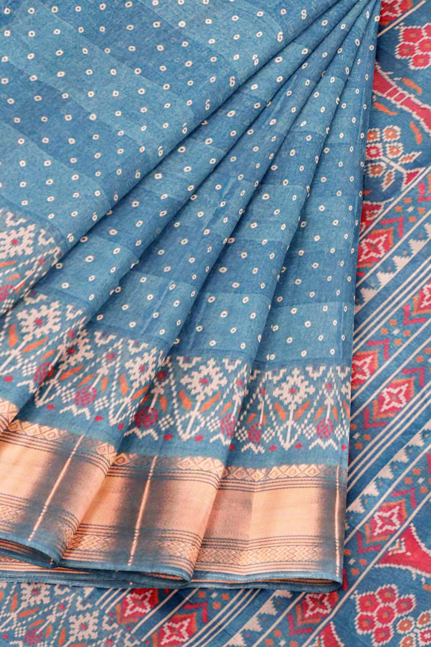 Blue Self Checks Bandhini Style Prints Fancy Cotton Saree