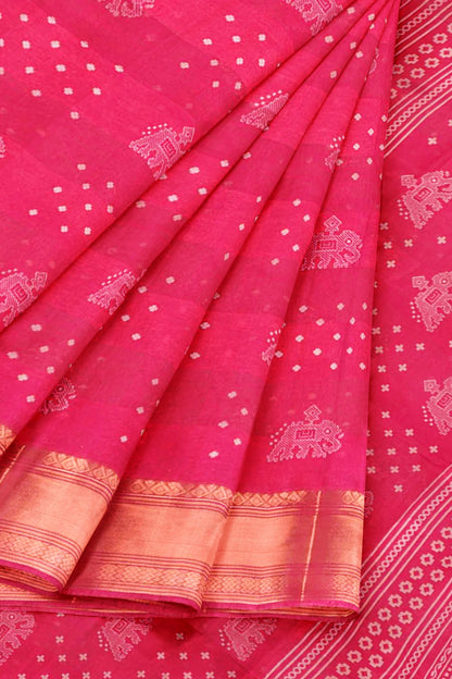 Hot Pink Elephant Prints Self Checks Zari Border Fancy Cotton Saree
