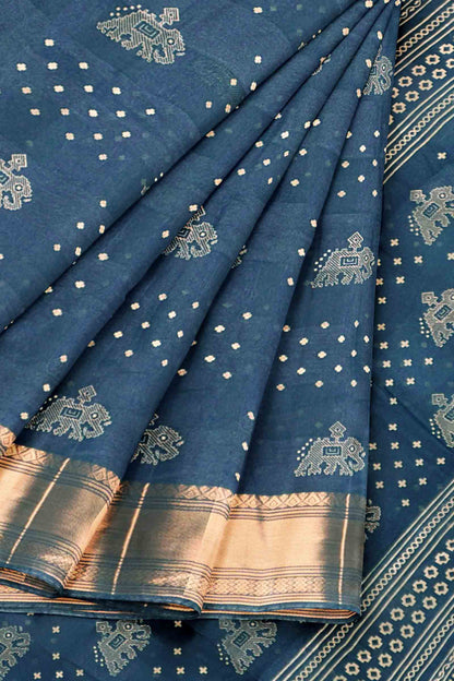 Navy Blue Elephant Prints Self Checks Zari Border Fancy Cotton Saree