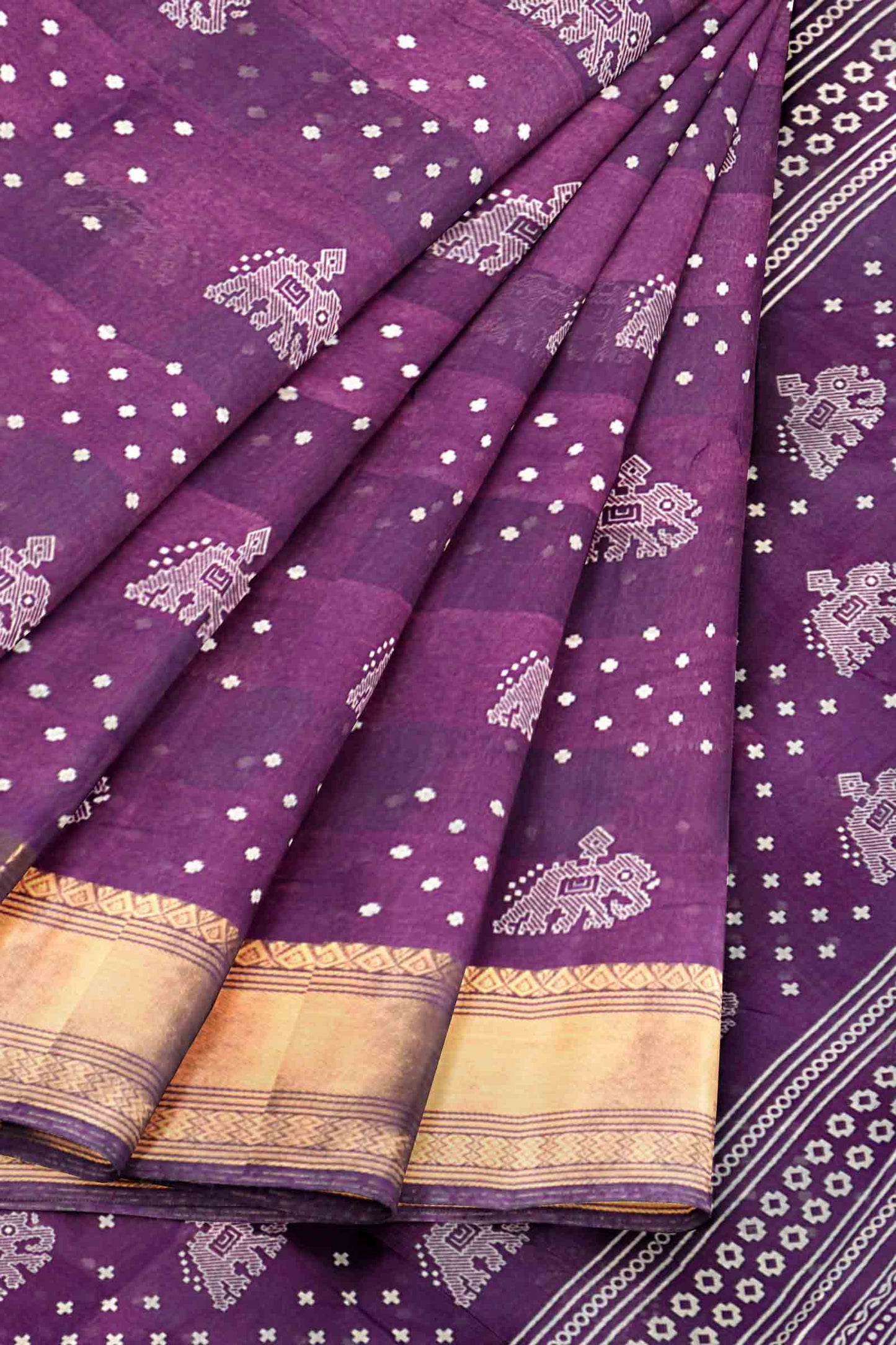 Dark Purple Elephant Prints Self Checks Zari Border Fancy Cotton Saree