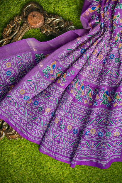 Dark Lavender Chirpy Bird Digital Print Zari Border Fancy Cotton Saree