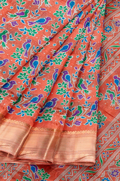 Orange Chirpy Bird Digital Print Zari Border Fancy Cotton Saree