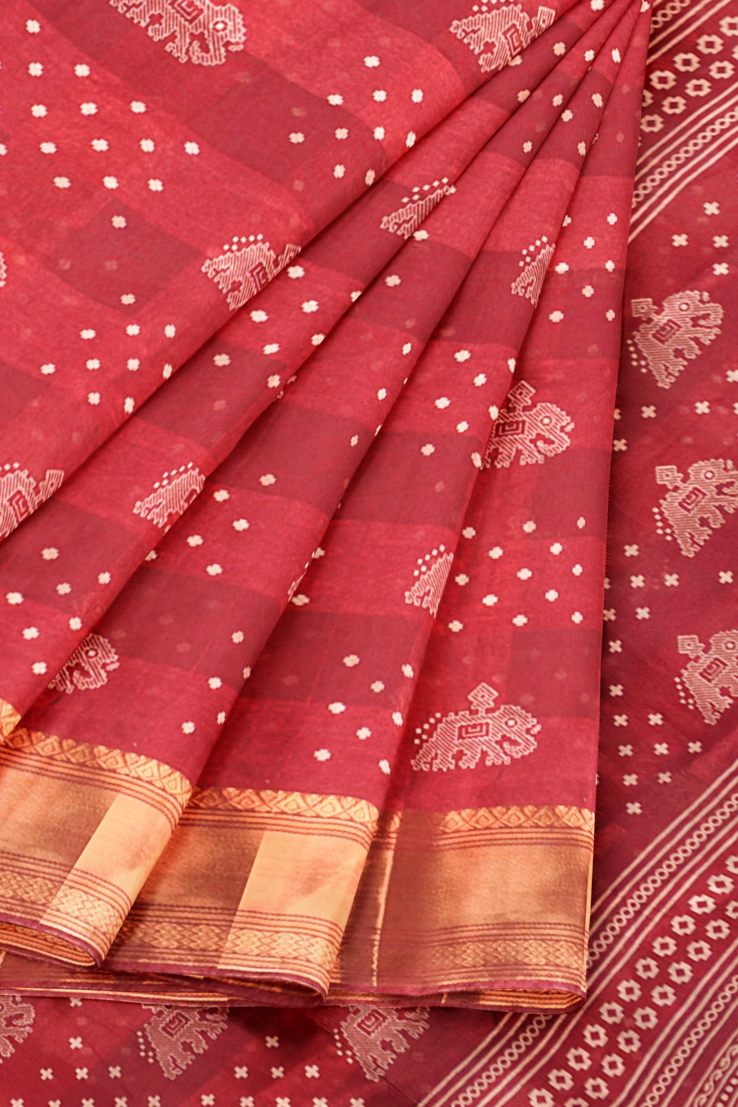 Maroon Elephant Prints Self Checks Zari Border Fancy Cotton Saree