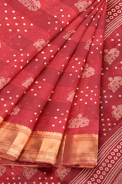 Maroon Elephant Prints Self Checks Zari Border Fancy Cotton Saree