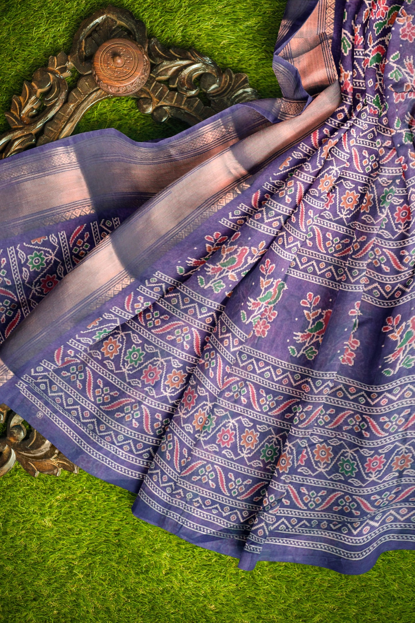 Violet Chirpy Bird Digital Print Zari Border Fancy Cotton Saree