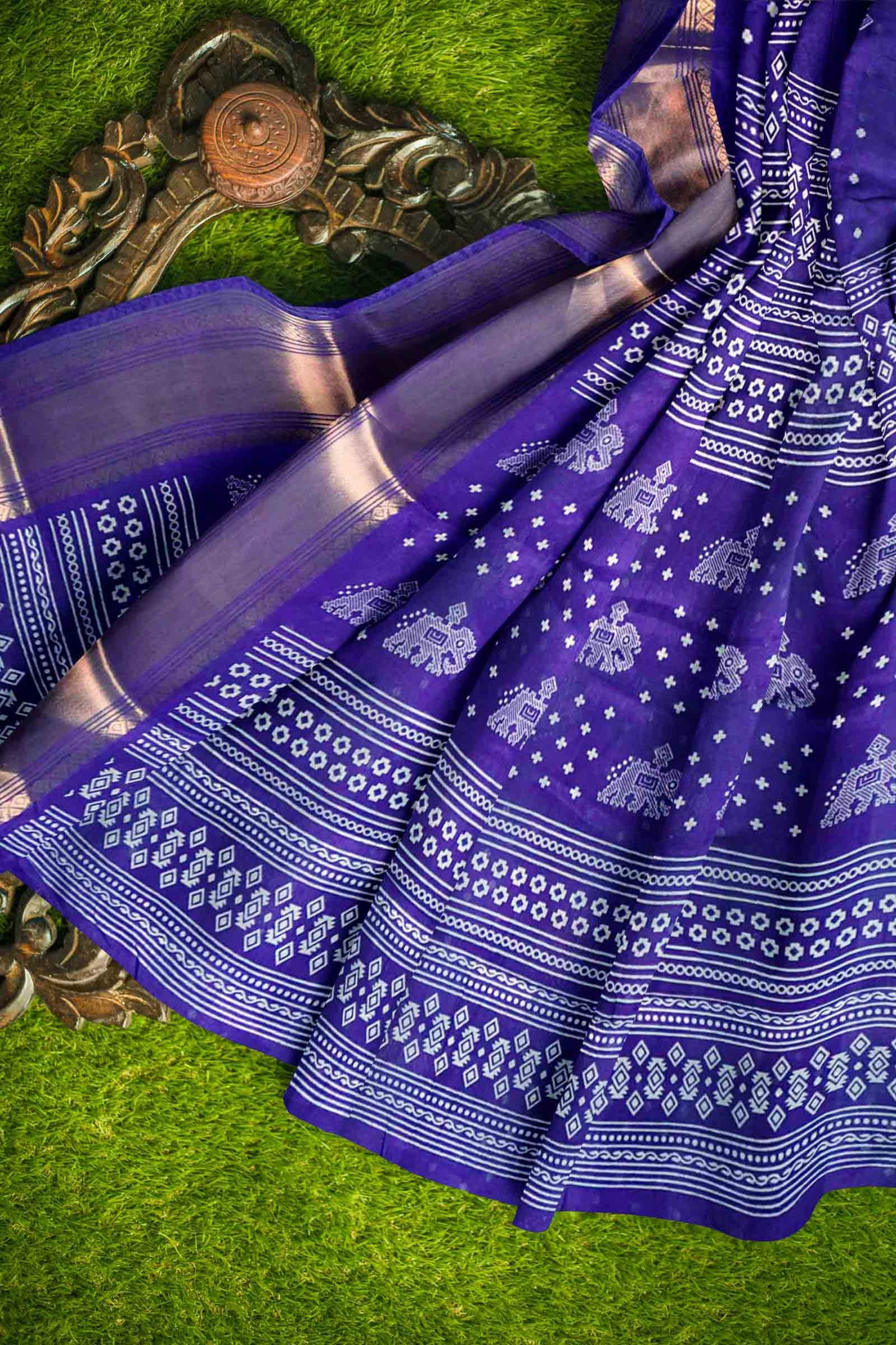 Royal Blue Elephant Prints Self Checks Zari Border Fancy Cotton Saree
