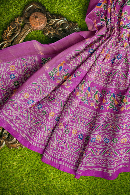 Lilac Chirpy Bird Digital Print Zari Border Fancy Cotton Saree
