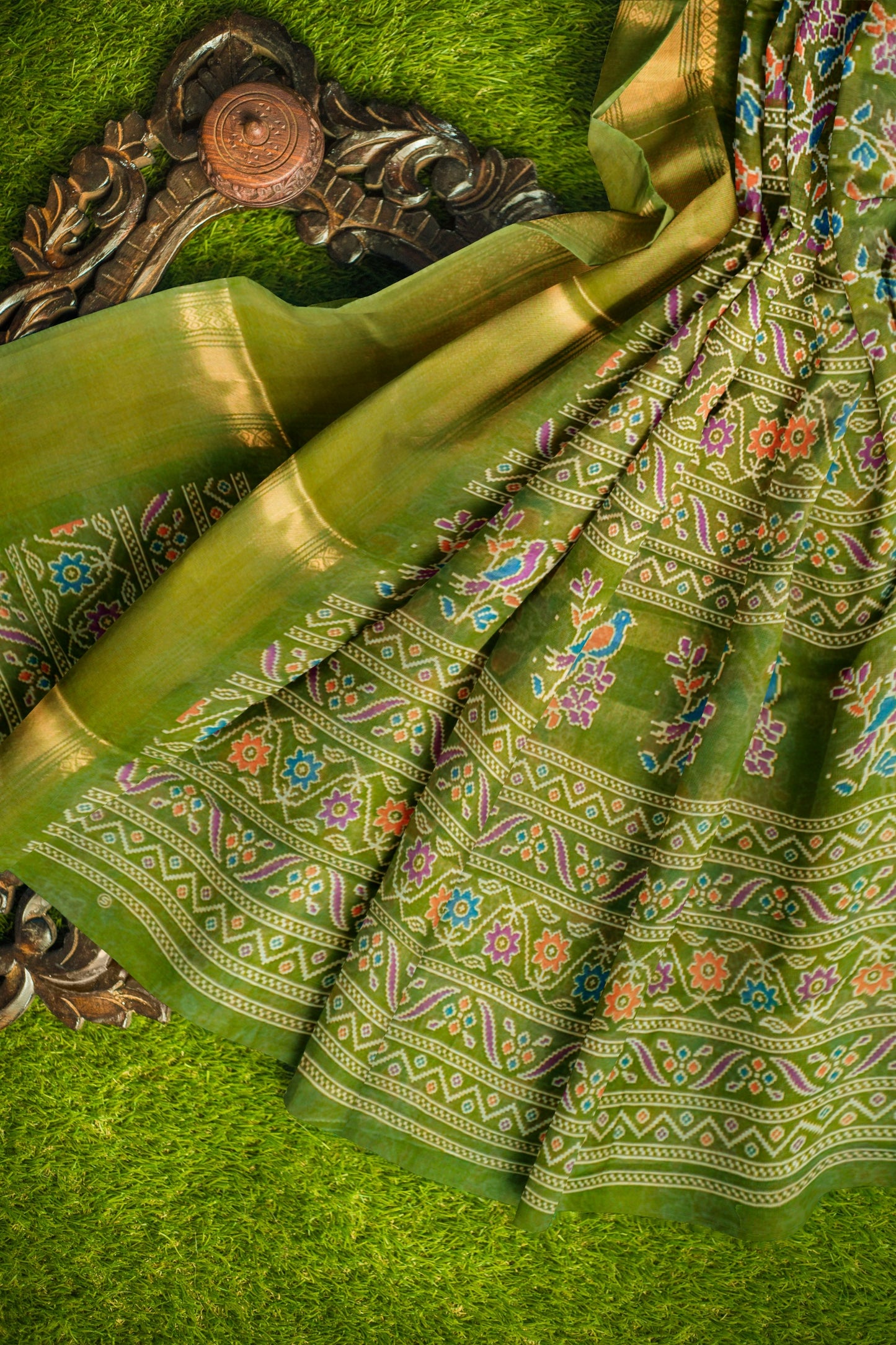 Parrot Green Chirpy Bird Digital Print Zari Border Fancy Cotton Saree