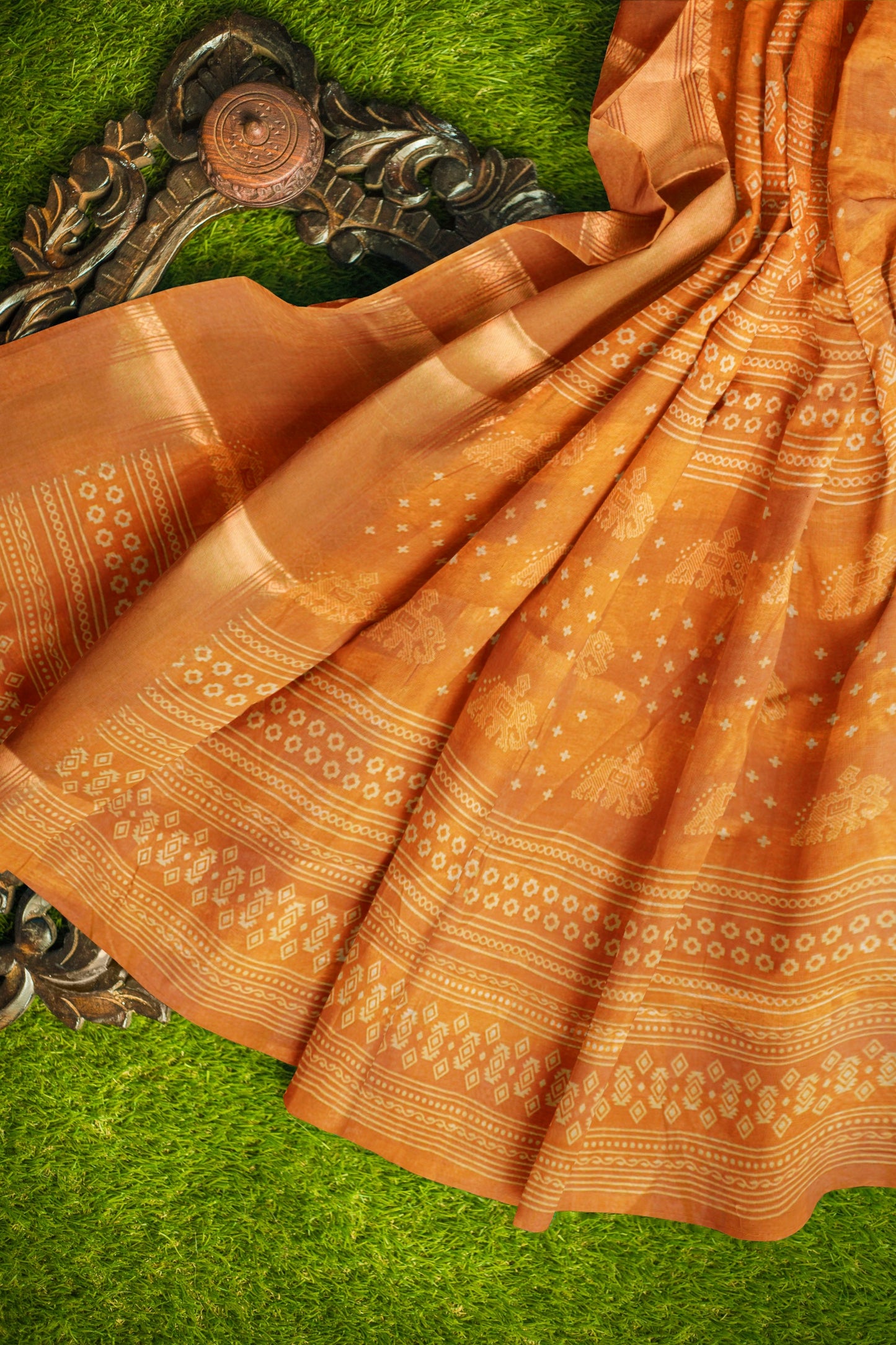 Yellow Self Checks Bandhini Style Prints Fancy Cotton Saree