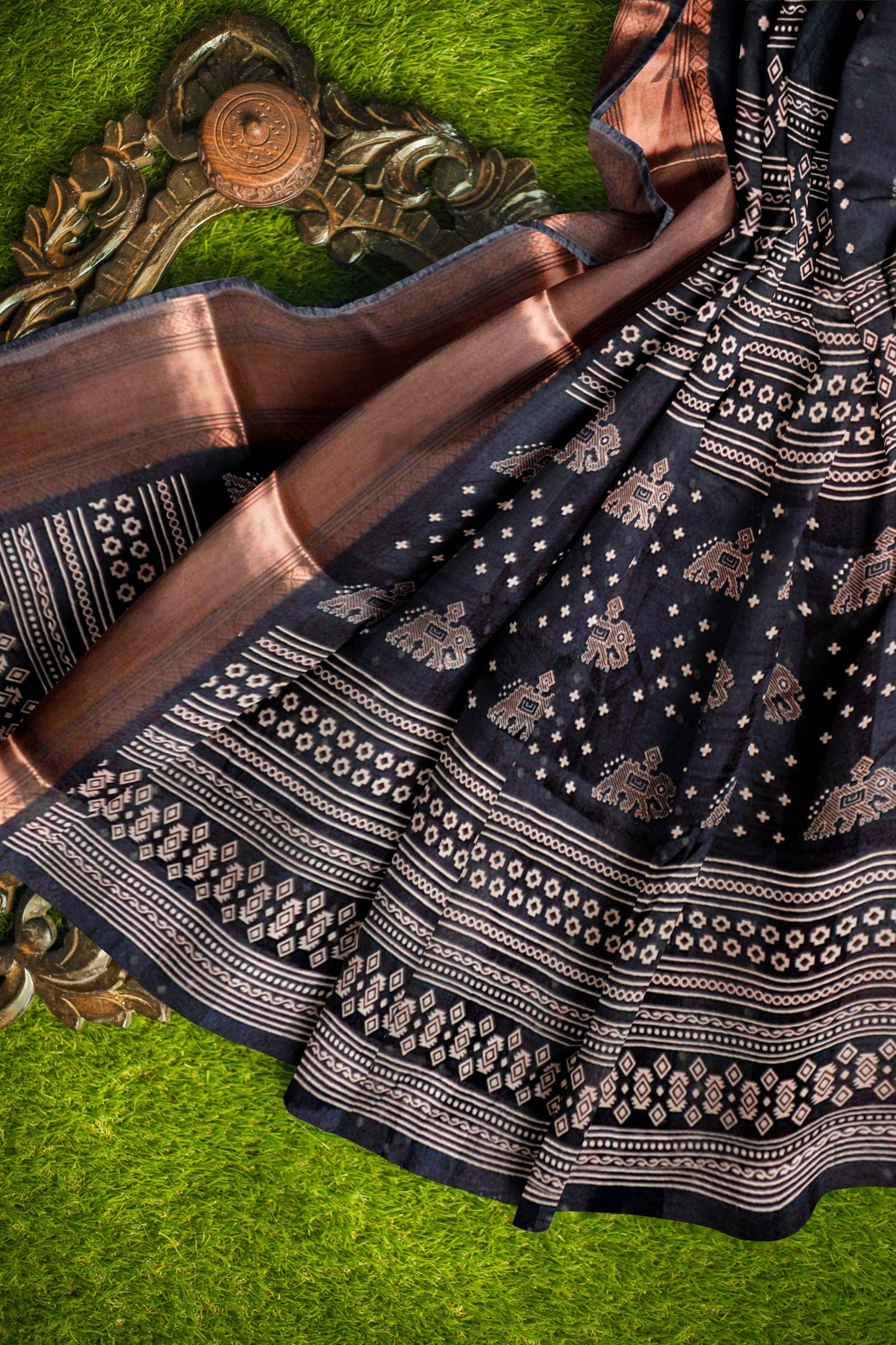 Black Hathi Prints Zari Border Fancy Cotton Saree