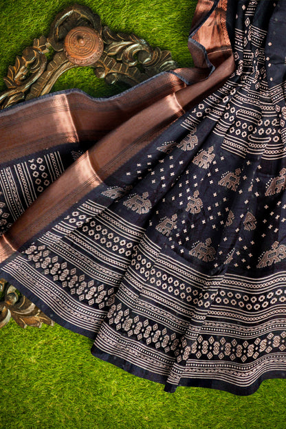 Black Hathi Prints Zari Border Fancy Cotton Saree