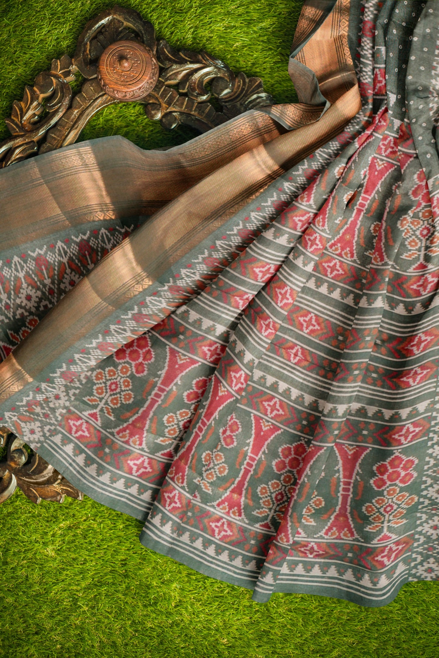 Grey Green Self Checks Bandhini Style Prints Fancy Cotton Saree