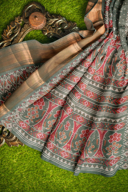Grey Green Self Checks Bandhini Style Prints Fancy Cotton Saree