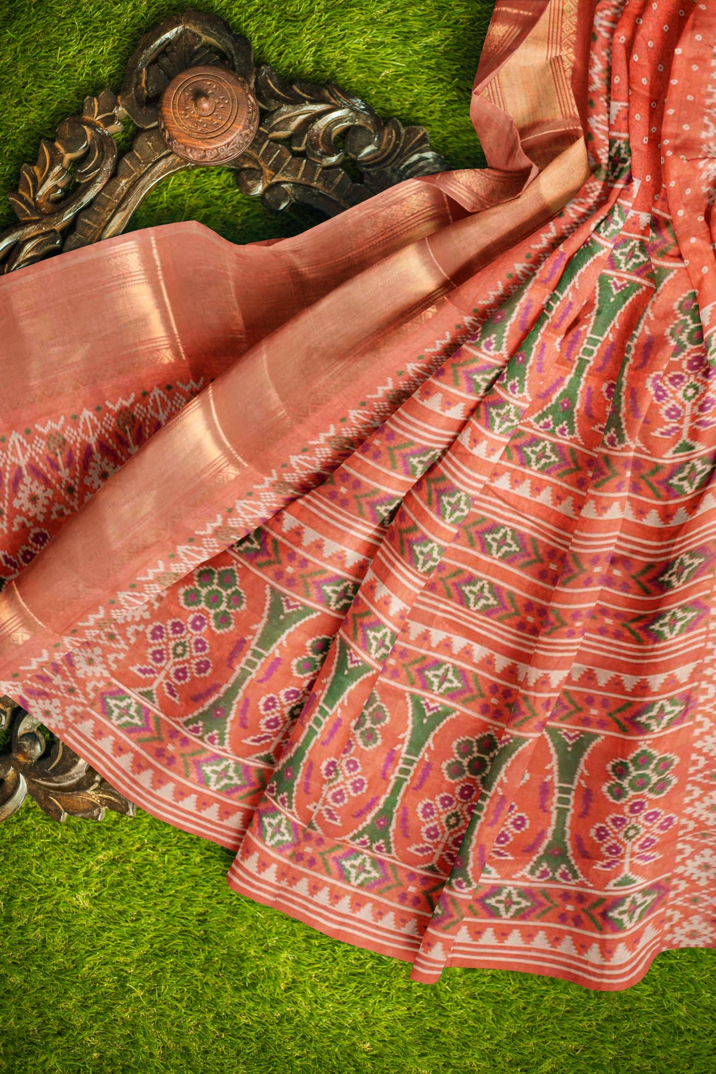 Orange Self Checks Bandhini Style Prints Fancy Cotton Saree