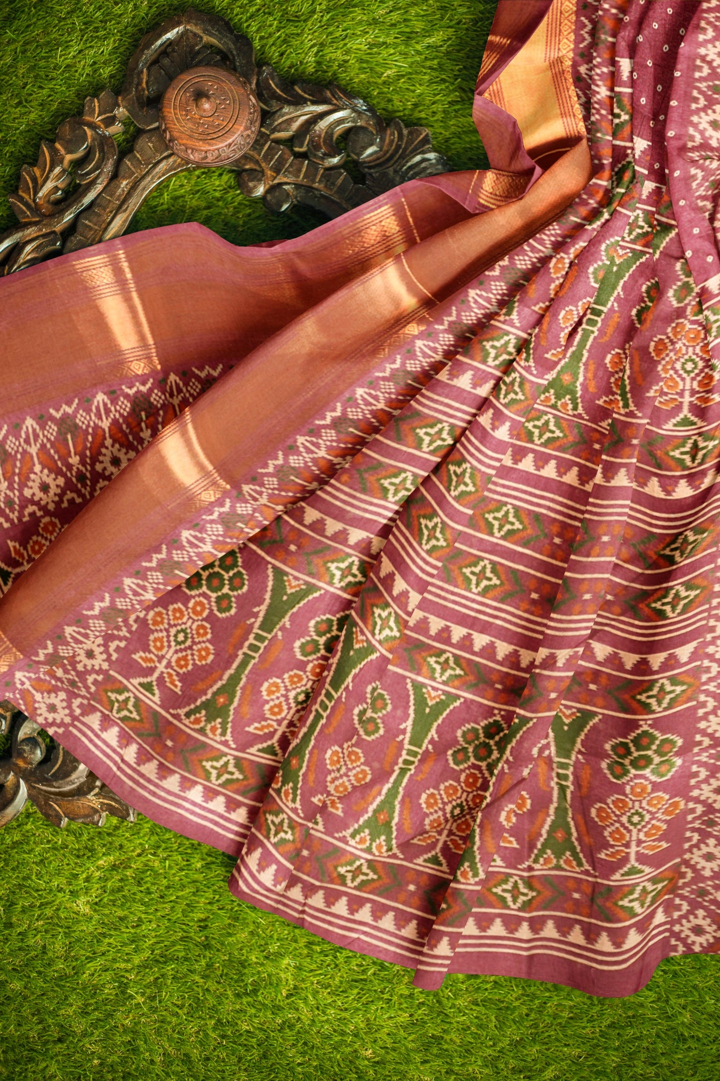Rose Blush Self Checks Bandhini Style Prints Fancy Cotton Saree