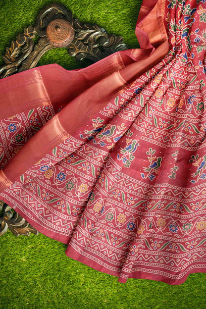 Red Chirpy Bird Digital Print Zari Border Fancy Cotton Saree
