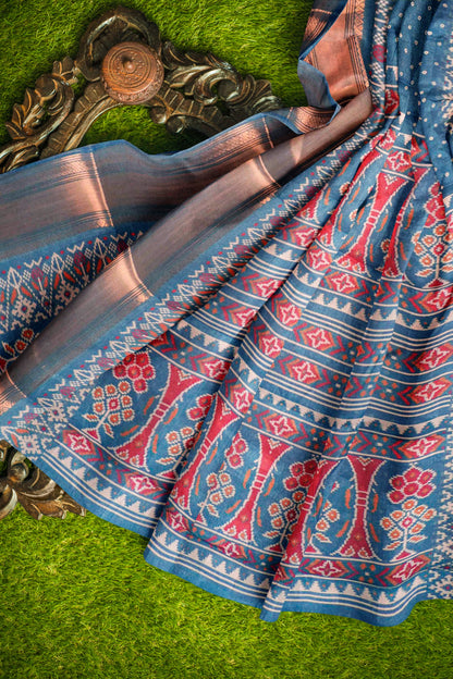 Blue Self Checks Bandhini Style Prints Fancy Cotton Saree