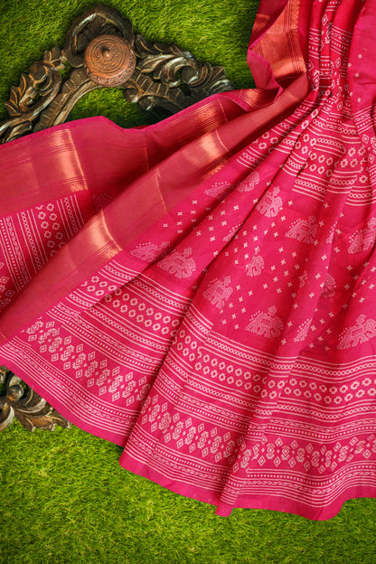 Hot Pink Elephant Prints Self Checks Zari Border Fancy Cotton Saree