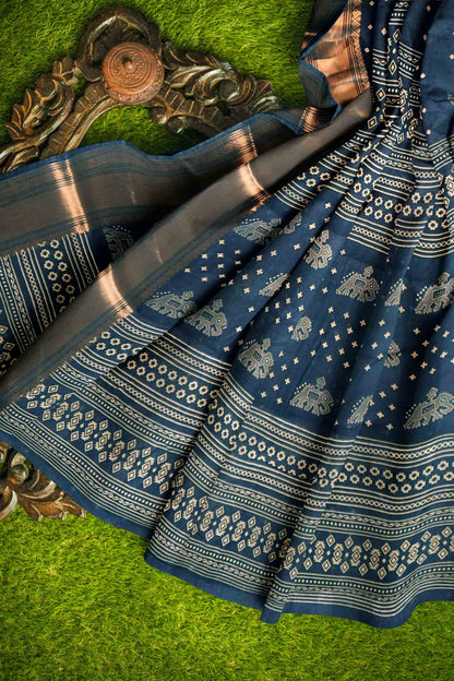 Navy Blue Elephant Prints Self Checks Zari Border Fancy Cotton Saree