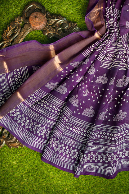 Dark Purple Elephant Prints Self Checks Zari Border Fancy Cotton Saree