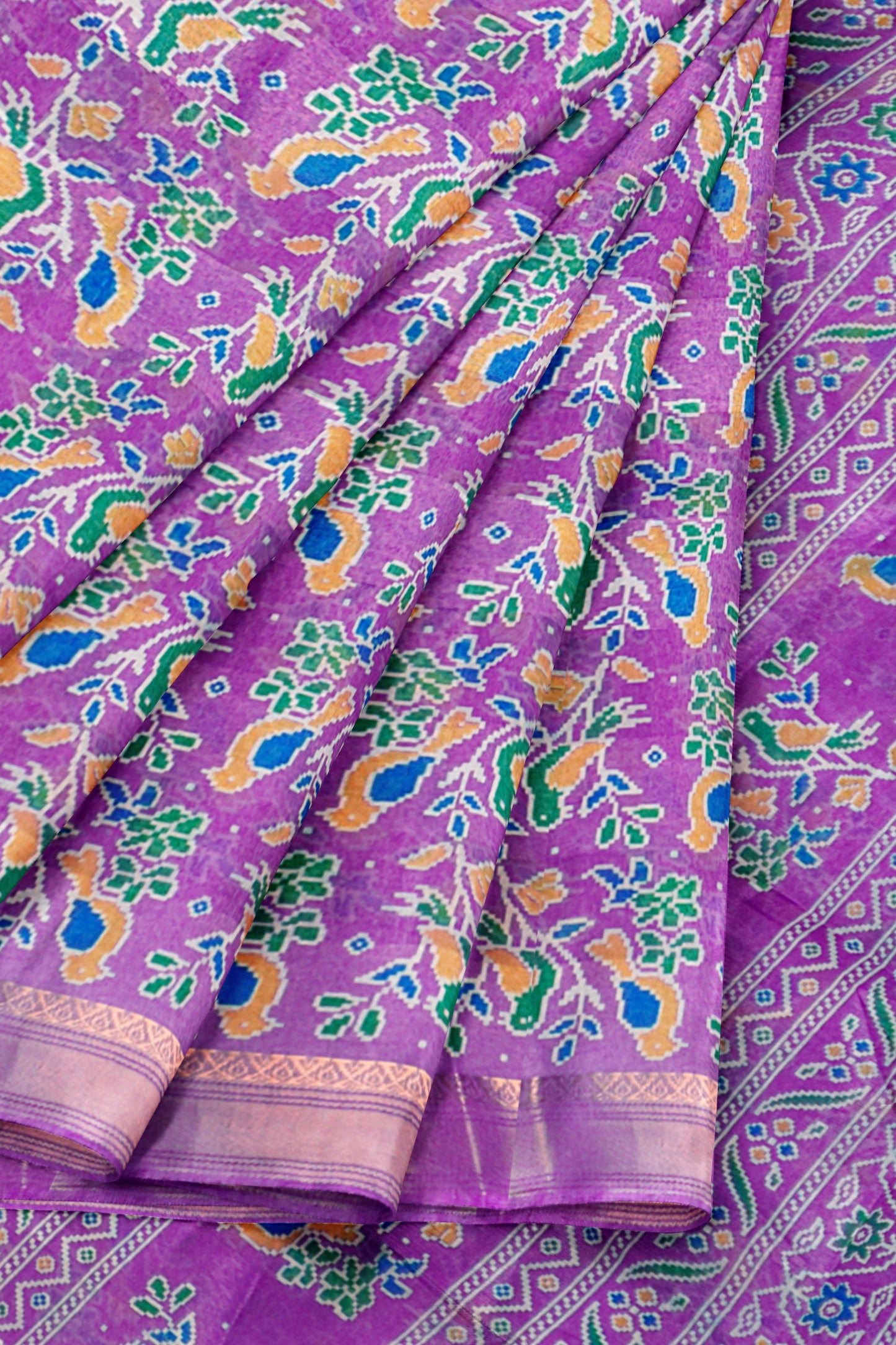 Dark Lavender Chirpy Bird Digital Print Zari Border Fancy Cotton Saree