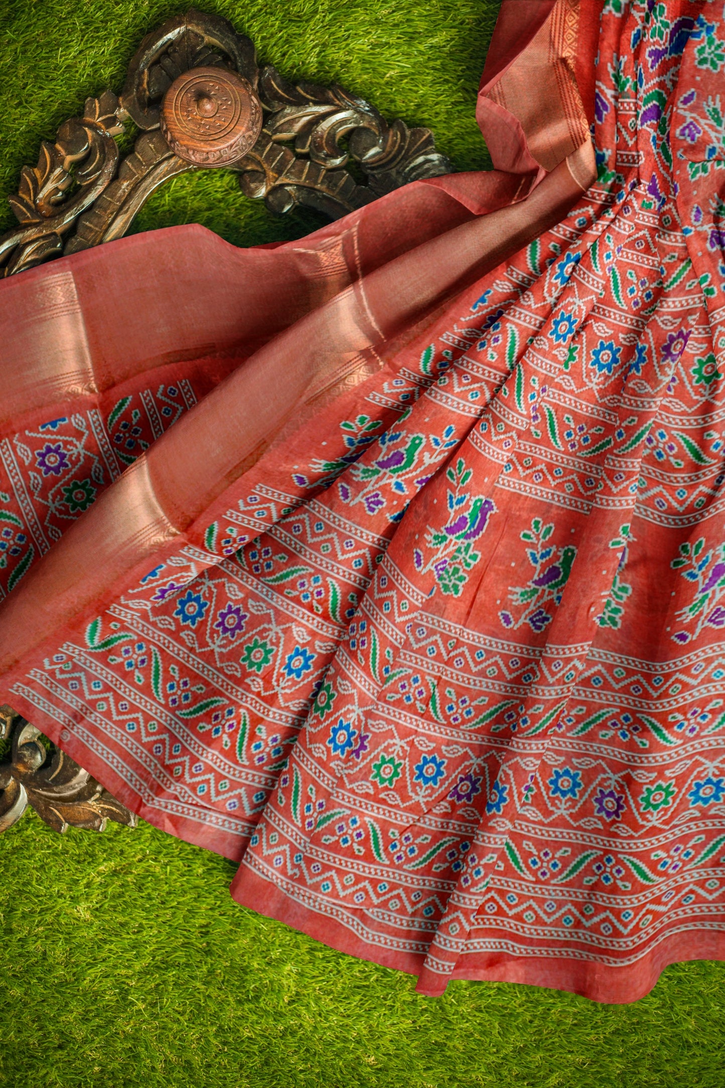 Orange Chirpy Bird Digital Print Zari Border Fancy Cotton Saree