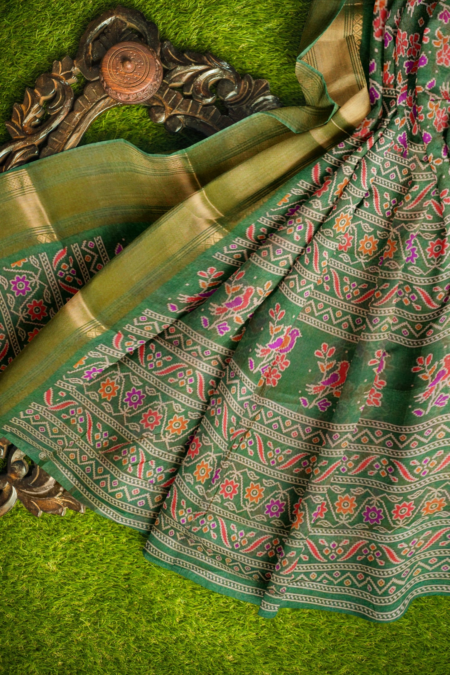 Green Chirpy Bird Digital Print Zari Border Fancy Cotton Saree